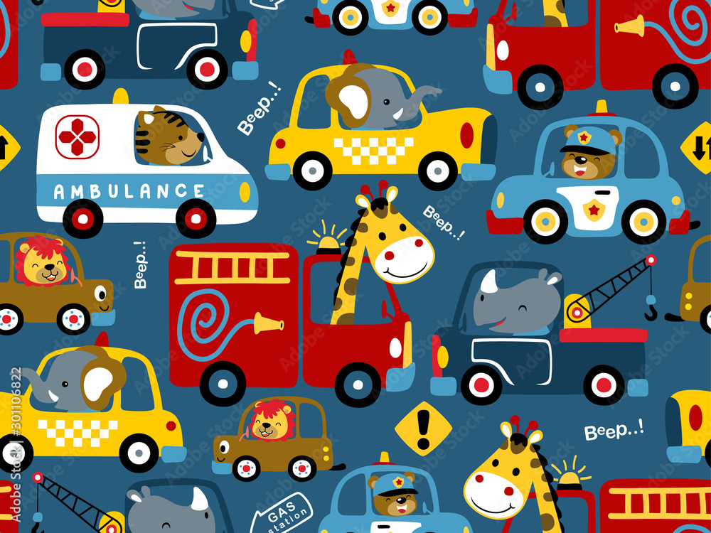 seamless pattern of vehicles cartoon with funny drivers - obrazy, fototapety, plakaty 
