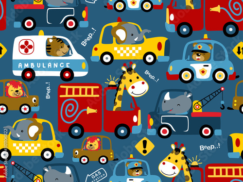 Wallpaper Mural seamless pattern of vehicles cartoon with funny drivers
