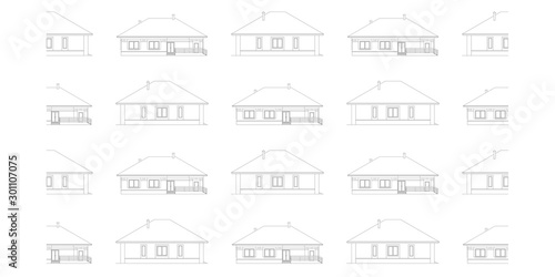 Seamless pattern with architectural facades of houses. Background with drawings of cottages. Vector black illustration. Transparency used