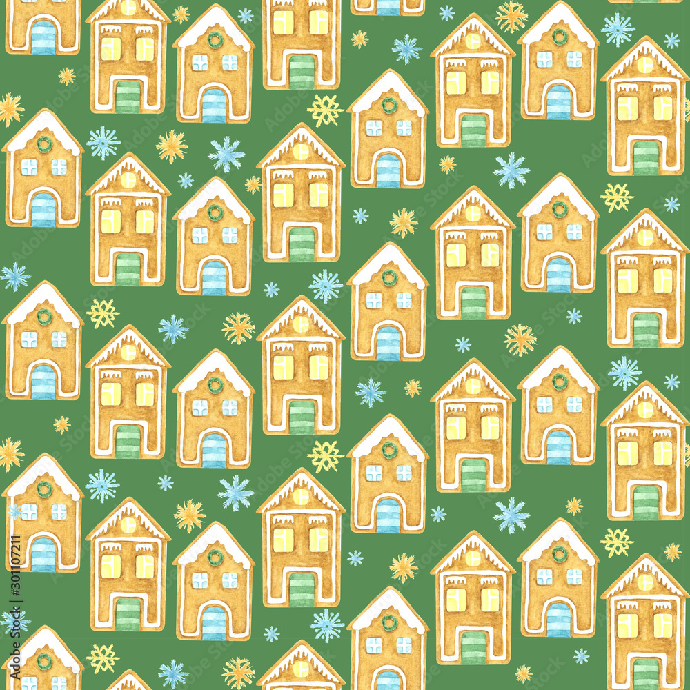 Seamless winter pattern. Christmas watercolor design. Hand drawn Gingerbread houses and snowflakes on green background. Cartoon character.