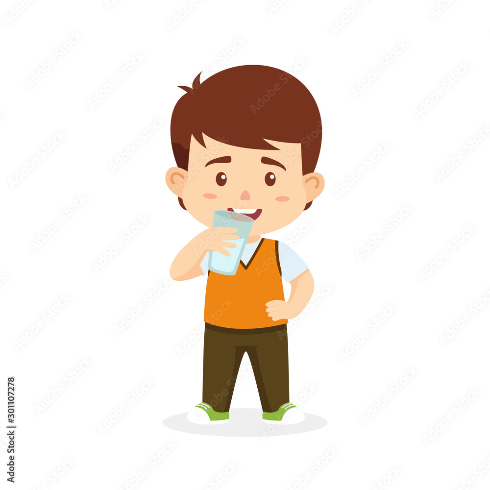 Boy kids drink milk vector cartoon illustration