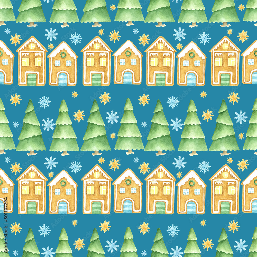 Seamless winter pattern. Christmas watercolor design. Hand drawn pine trees, Gingerbread house and .snowflakes on blue background. Cartoon character.