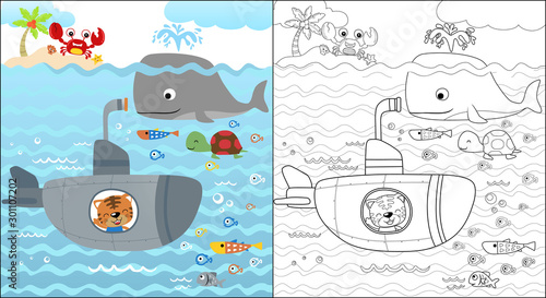 vector cartoon of cat on submarine in underwater with funny marine animals, coloring book or page