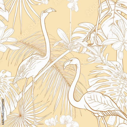 Seamless pattern, background. with tropical plants and flowers with white orchid and tropical birds on soft yellow background.. Outline hand drawing vector illustration.