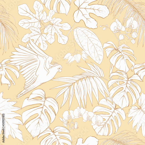 Seamless pattern  background. with tropical plants and flowers with white orchid and tropical birds on soft yellow background.. Outline hand drawing vector illustration.