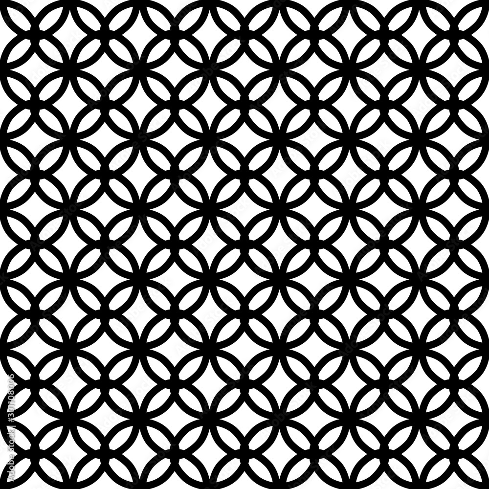 Seamless pattern with lattice ornament. Oriental traditional flowers element, repeated rounded shapes. Openwork silhouette of floral grid. Vector black white background illustration. Geometric texture Seamless pattern with lattice ornament. Oriental traditional flowers element, repeated rounded shapes. Openwork silhouette of floral grid. Vector black white background illustration. Geometric texture