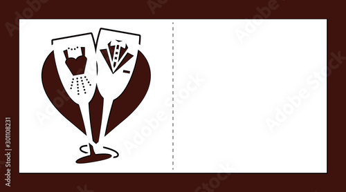 Laser cut template of wedding invitation card. Glasses of champagne with bride and groom clothes. Fold card with clink wineglasses on heart. For wood carving, paper cut, vector die cut silhouette.