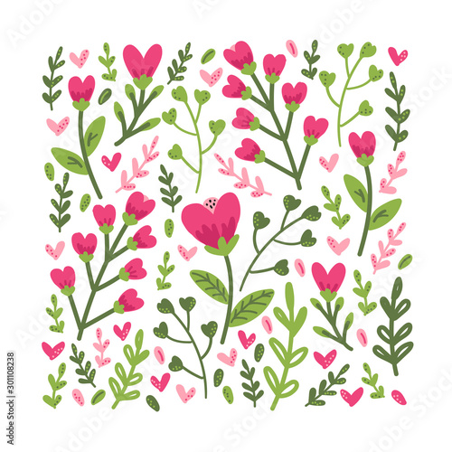 Cute colorful floral collection with hand drawn leaves and flowers in doodle style, can be used for spring or summer botanical design for invitation, wedding or greeting cards