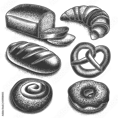 Original monochrome vector set of flour products. Bread shop