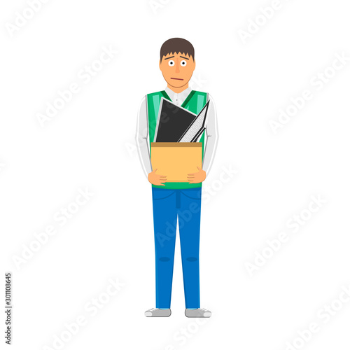 A man with a cardboard box. Dismissal. Vector illustration
