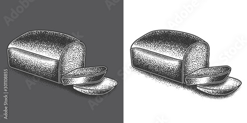 Original monochrome vector illustration. Freshly baked sliced loaf of bread.