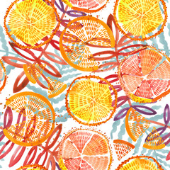Papier peint photo Fruits aquarelle patrons Oranges fraîches tropicales dessinées main  © Елена Фаенкова