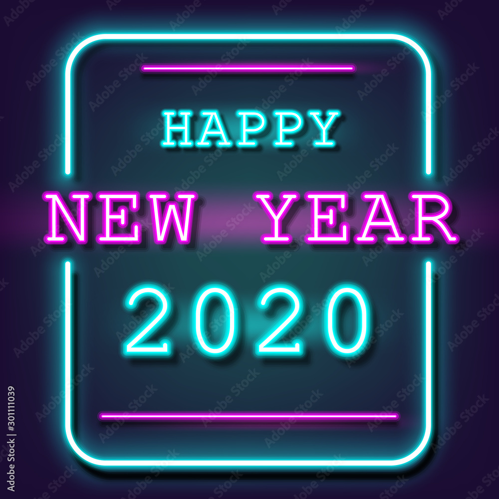 happy new year 2020 neon light background. vector illustration.