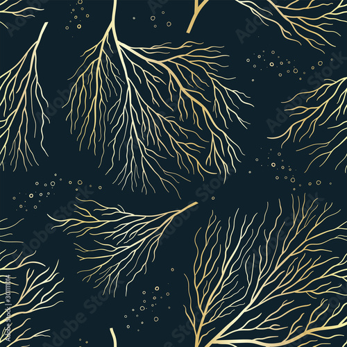 Beautiful gold underwater seamless pattern, hand drawn elegant corals, great for fashion prints, wallpapers, banners, wrappings - vector surface design