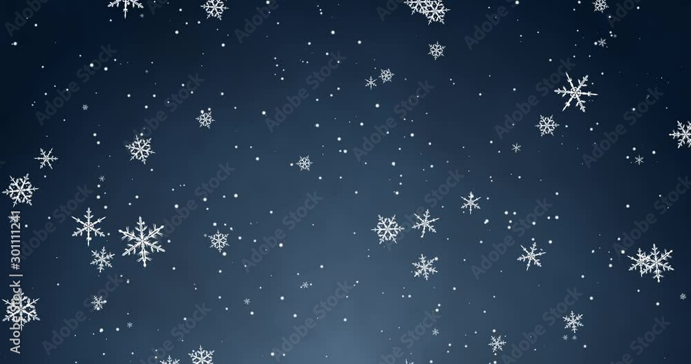 White confetti, snowflakes and bokeh lights on the blue Christmas background.