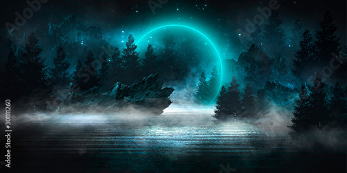 Futuristic night landscape with abstract landscape, dark forest, mountains, moonlight, shine. Dark natural scene with reflection of light in the water, neon blue light. Dark neon circle background. 3D