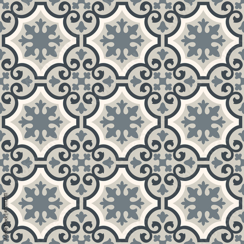 Decorative pattern for the background, tile and textiles. It is assembled from modular parts. Vector. Seamless.