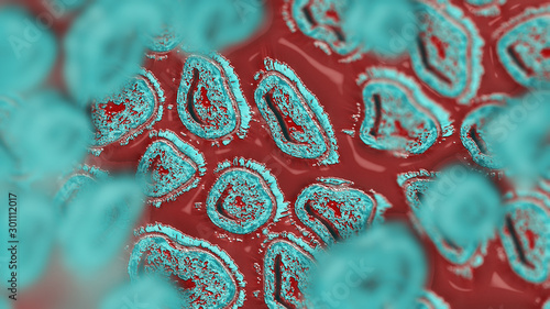 Human Virus, flu, view of a virus under a microscope, Viral disease outbreak. Infectious disease. 3d rendering photo