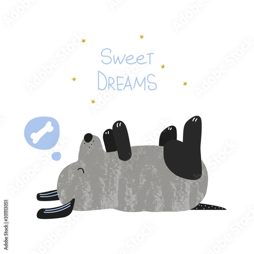 Funny dog dreaming about bone. Kids print. Vector hand drawn illustration.
