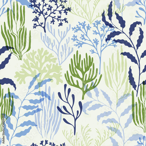 Coral reef seamless pattern.  Australian staghorn and pillar corals branches.