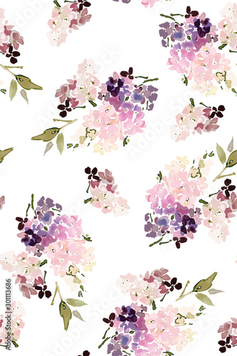 Seamless hydrangea pattern in watercolor style on a white background