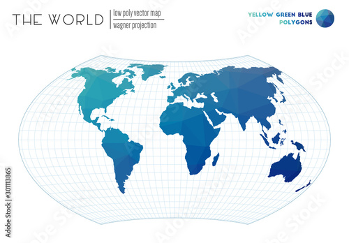 World map with vibrant triangles. Wagner projection of the world. Yellow Green Blue colored polygons. Creative vector illustration.