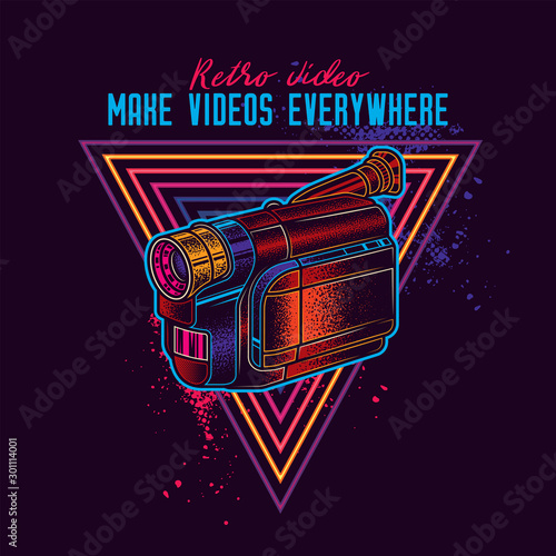 PrintRetro VHS video camera. Vector illustration in neon style.