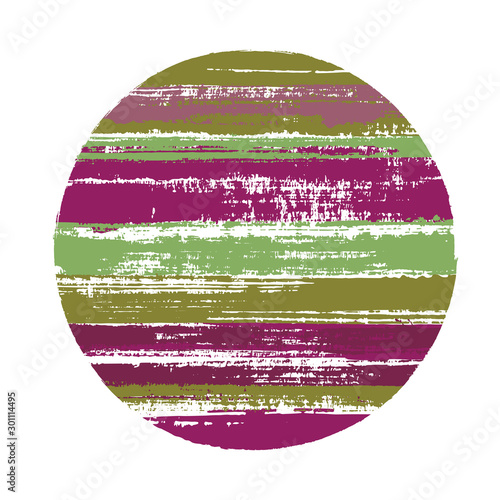 Abrupt circle vector geometric shape with stripes texture of paint horizontal lines. Disc banner with old paint texture. Emblem round shape logotype circle with grunge stripes background.