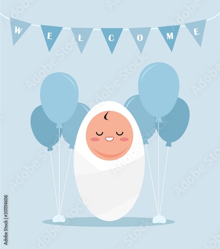 New born infant boy asleep in the blanket with welcome flag and balloon. Isolated vector with blue background.
