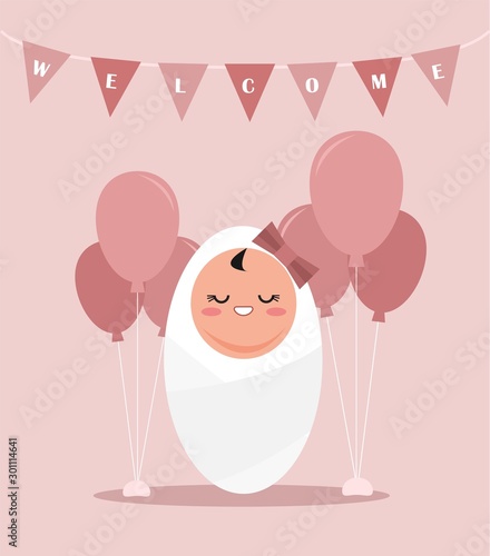 New born infant girl asleep in the blanket with welcome flag and balloon. Isolated vector with pink background.