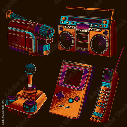 Original vector retro set of illustrations in the style of the 80s and 90s.