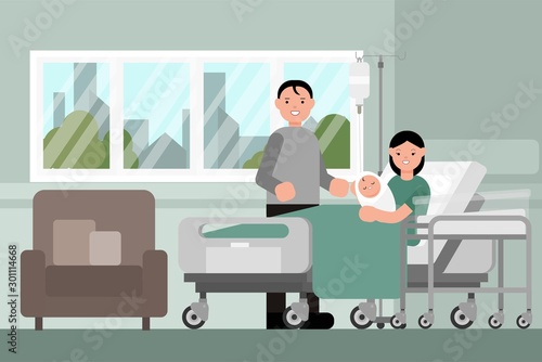 Family with new born baby in the modern delivery ward. Parent and their infant first moments in hospital. Isolated Vector.