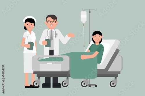A doctor and nurse visits a patient lying on hospital bed. Woman resting In a Bed. Isolated flat cartoon style vector illustration. Sick lady with doctor and nurse.
