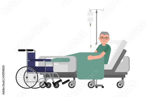 Senior man patient resting in hospital bed. Old man lying in a hospital bed. Isolated vector illustration.