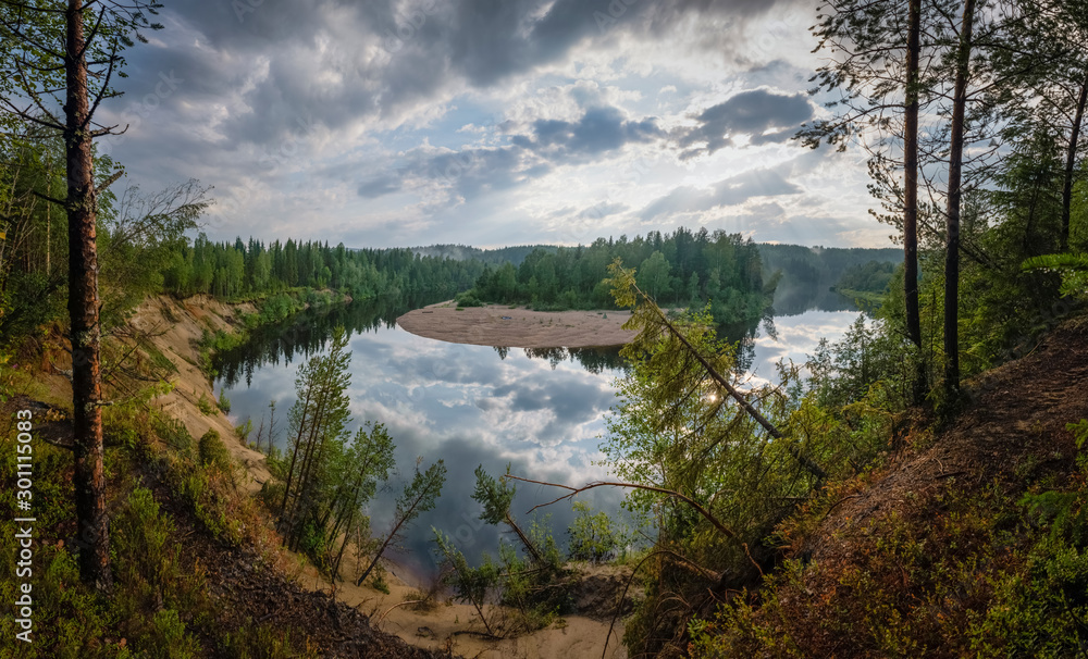 Panorama of the beautiful and still Orealven river in Sweden with beautiful reflection of the clouded sky Panorama of the beautiful and still Orealven river in Sweden with beautiful reflection of the clouded sky