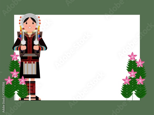 Banner design.The hill tribe woman. Hmong woman with basket. vector