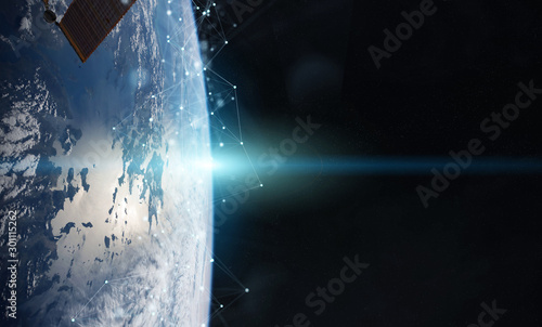 Satellites sending datas exchanges and connections system over the globe 3D rendering elements of this image furnished by NASA
