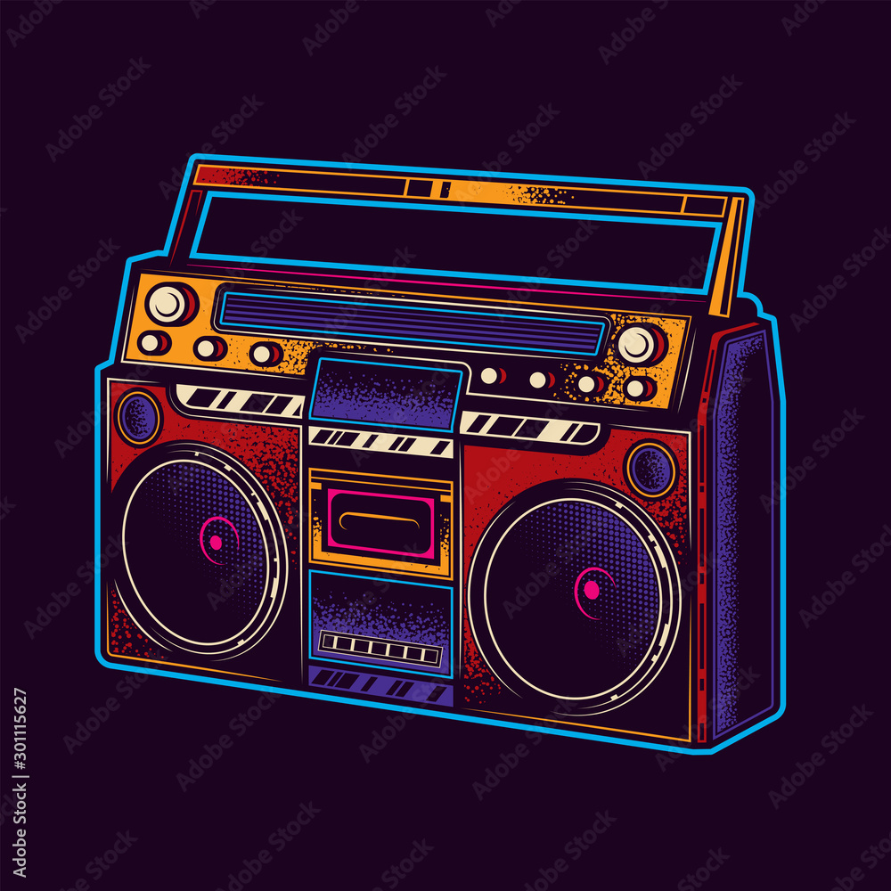 Original vector illustration of neon. Boombox. Retro portable stereo radio  cassette player. Stock Vector | Adobe Stock