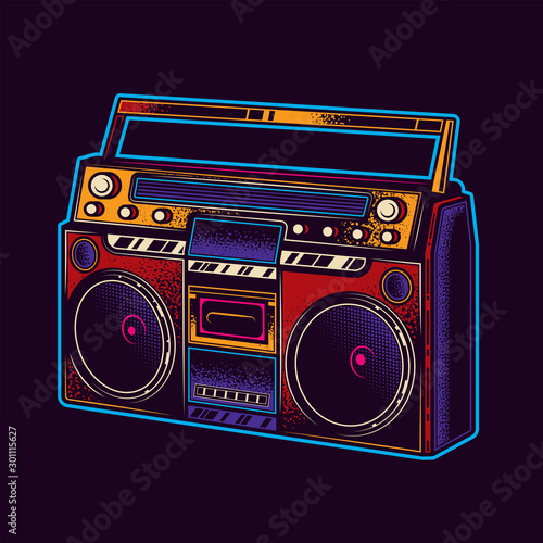 Original vector illustration of neon. Boombox. Retro portable stereo radio cassette player.