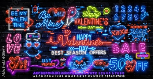 Valentines Day is a proposal, a collection of neon-style banner templates. Set neon signs, posters for shop design, colorful banner, neon advertising, flyers, leaflets, brochures. Vector