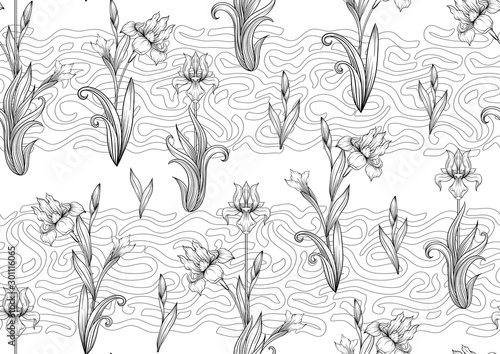Iris flower, fleur-de-lis, flower-de-luce, flag. Seamless pattern, background. Outline hand drawing vector illustration. In art nouveau style, vintage, old, retro style. In botanical style.