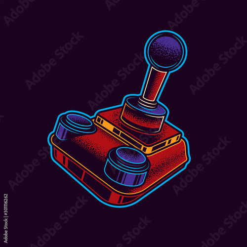 Original vector neon illustration of old retro joystick in vintage style.