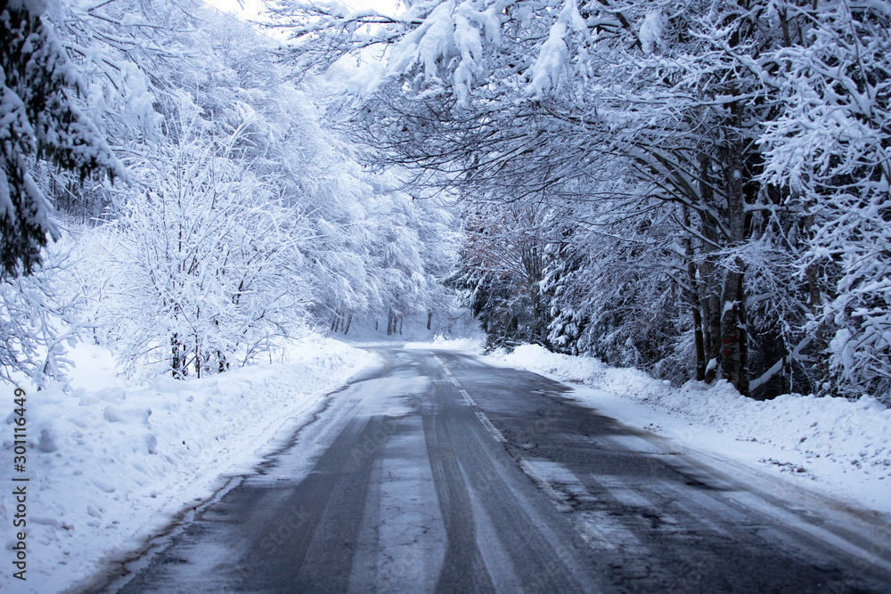 Obraz premium Empty road with snow banks on sides.