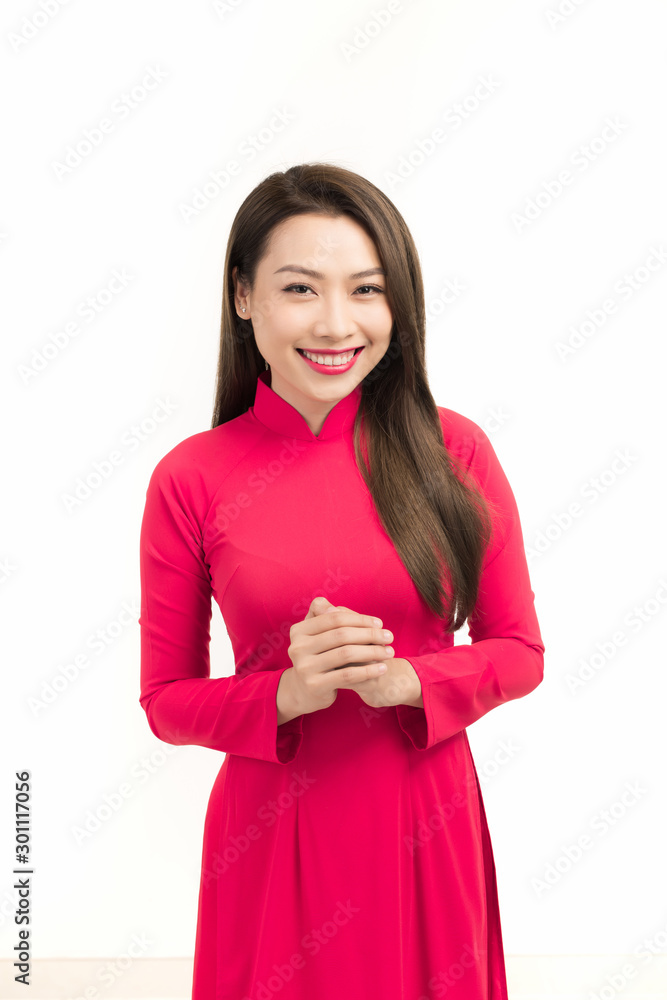 Tet beautiful happy smiley asia vietnamese girl wear ao dai with white background. Copy space isolated Tet beautiful happy smiley asia vietnamese girl wear ao dai with white background. Copy space isolated