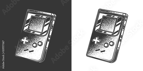 Original monochrome vector illustration. Portable retro game console in vintage style..
