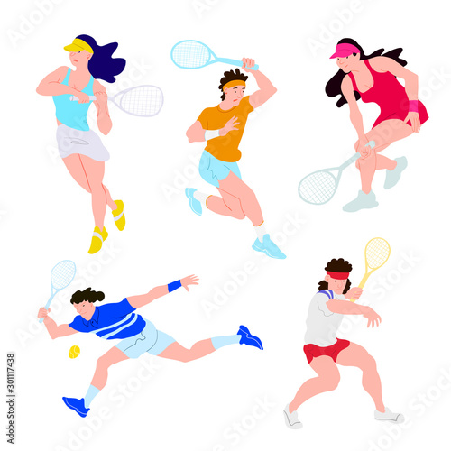 Tennis players set. Tennis sportsman group boys and girls in dynamic. Used for flyer, banner sporting events, packing sports goods. Cartoon flat vector illustration isolated object.