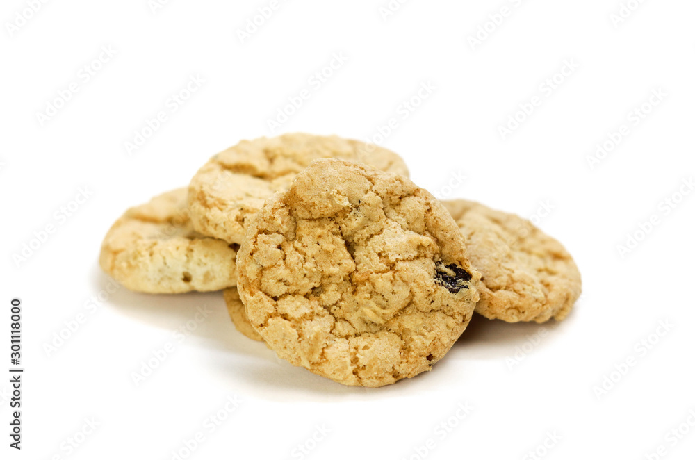 Oatmeal cookies with raisins. Close up. Isolated on white background Oatmeal cookies with raisins. Close up. Isolated on white background