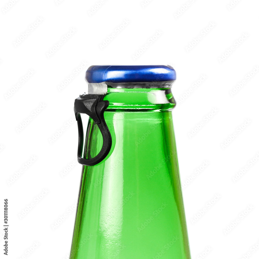 Beer bottle, lid with ring for opening. Close up. Isolated on white background Beer bottle, lid with ring for opening. Close up. Isolated on white background