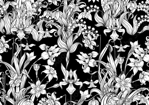 Spring flowers. Narcissus, Iris flower, lily of the valley, may-lily, Seamless pattern, background. Black and white graphics. Vector illustration. In art nouveau style, vintage, old, retro style