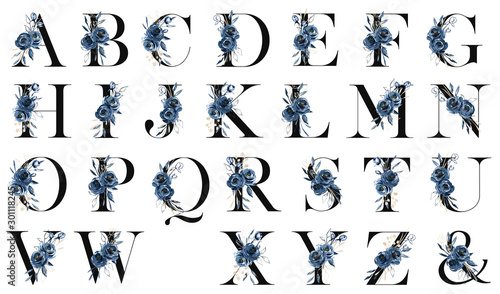 Photo Floral alphabet, letters set with watercolor flowers and leaf